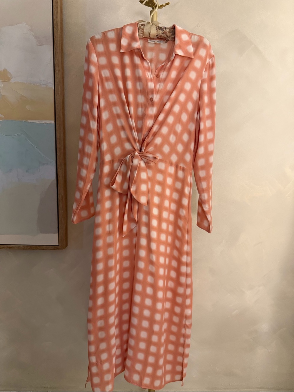Calvin Klein Peach and White Tie-Front Maxi Shirt Dress